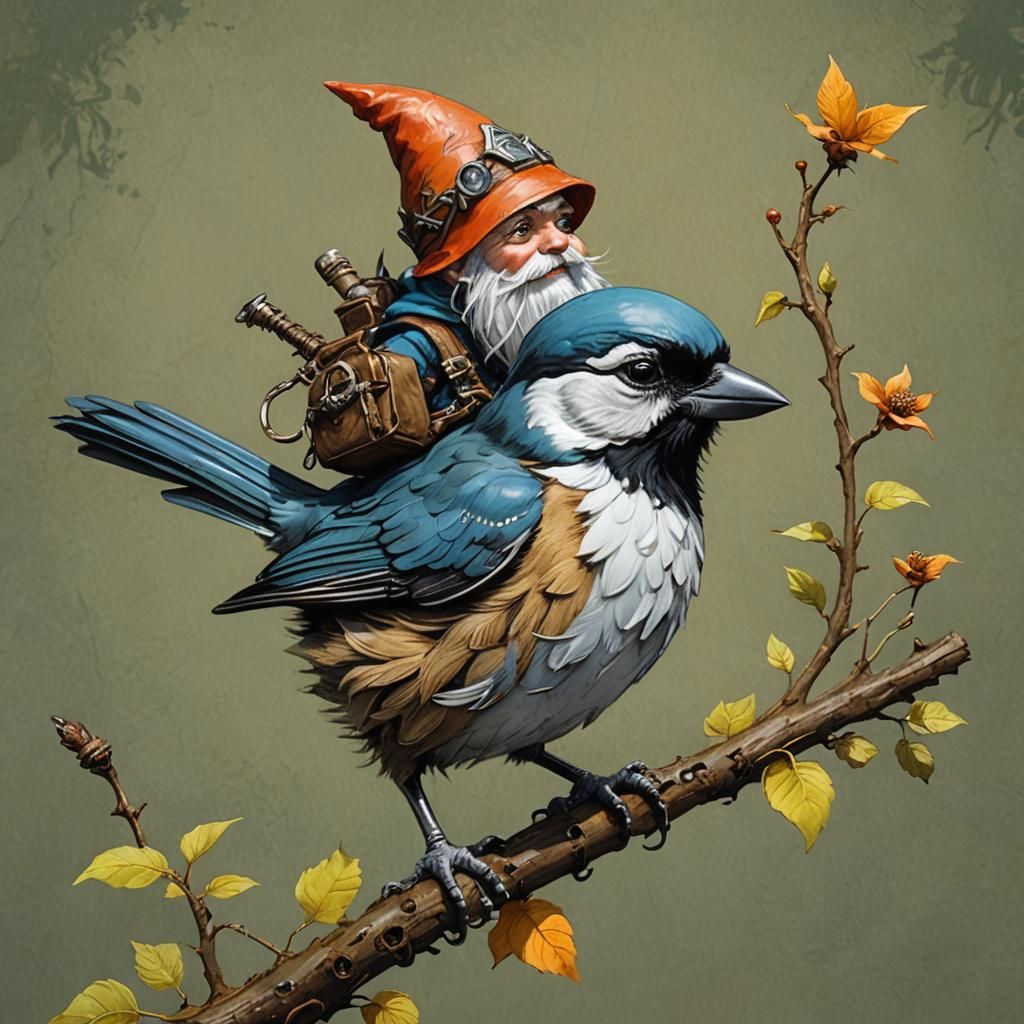 Gnome Rides Chickadee: Hyperrealistic Gothic Art
