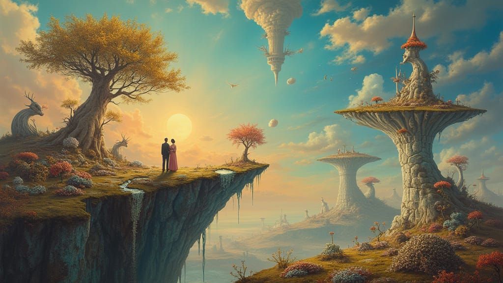 Surreal Melting Clock Island Couple in Dreamlike Flora