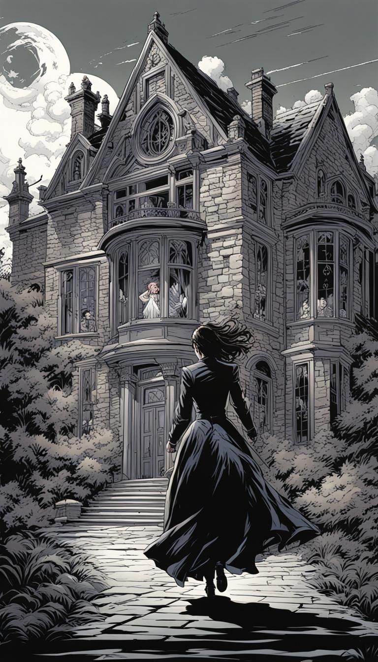 A woman fleeing from a gothic mansion; classic gothic romanc...