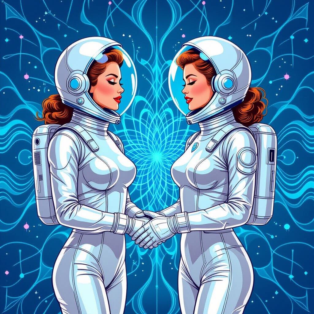 1950s Space Couple Holding Hands in Fractal Art Style