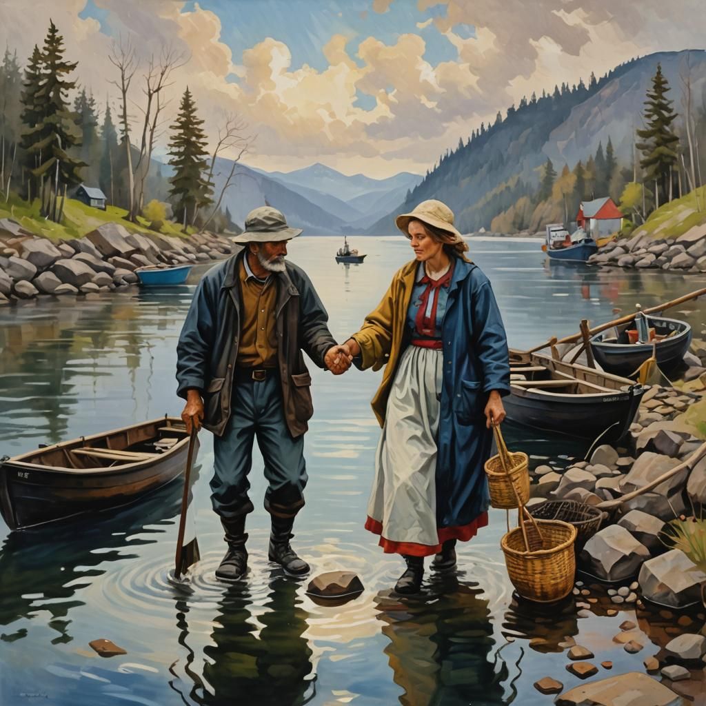 Fisherman Proposes to Janaína: Oil Gouache Painting