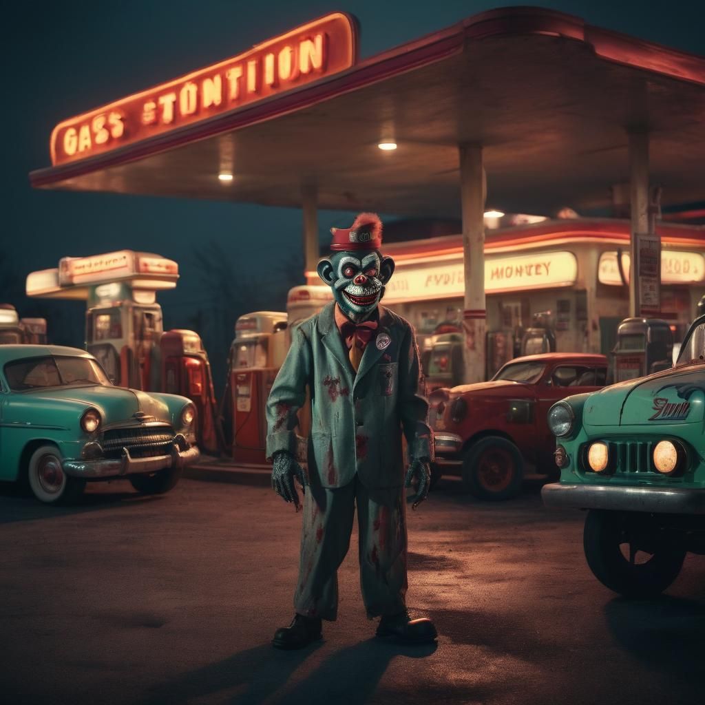 Creepy Retro Gas Station with Zombie Monkey Clown
