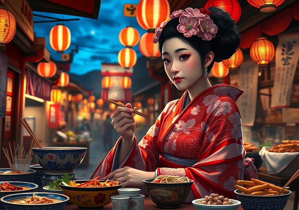 A cute maiko eating Japanese food at a stall. The background...
