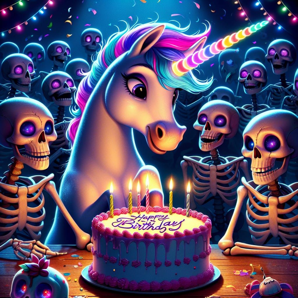 Festive Unicorn Celebrates with Skeletons