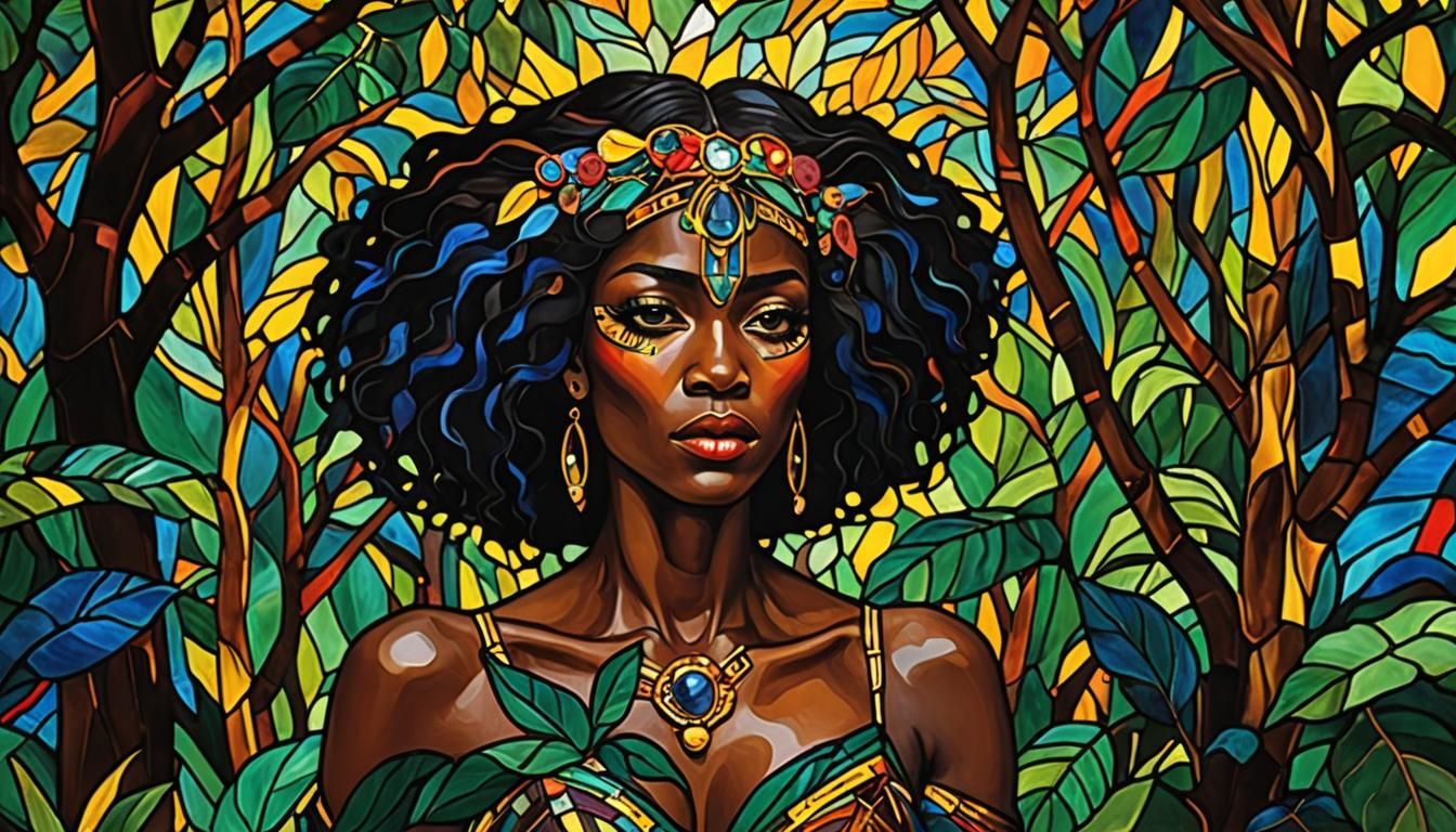 Woman in Jungle: Abstract Expressionist Stained Glass