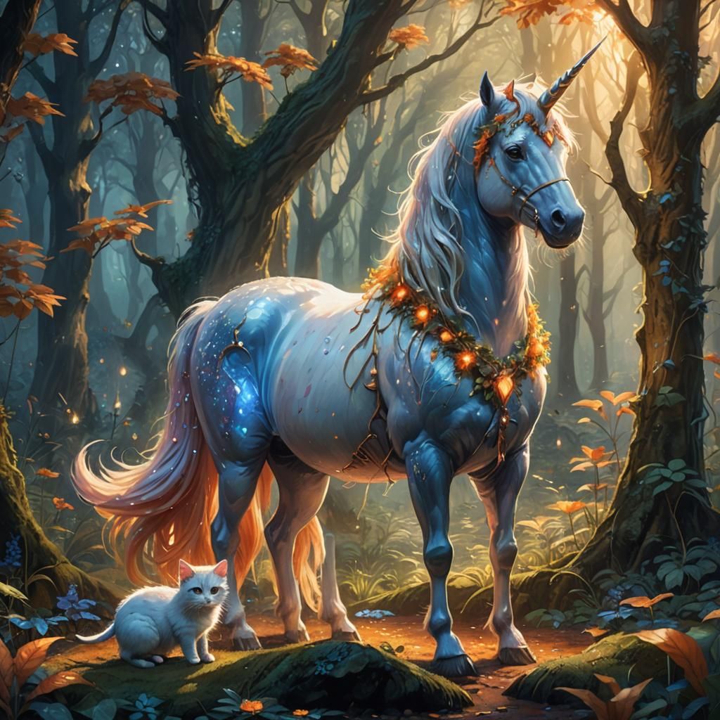 Unicorn, Kitten, and Mouse in Enchanted Forest