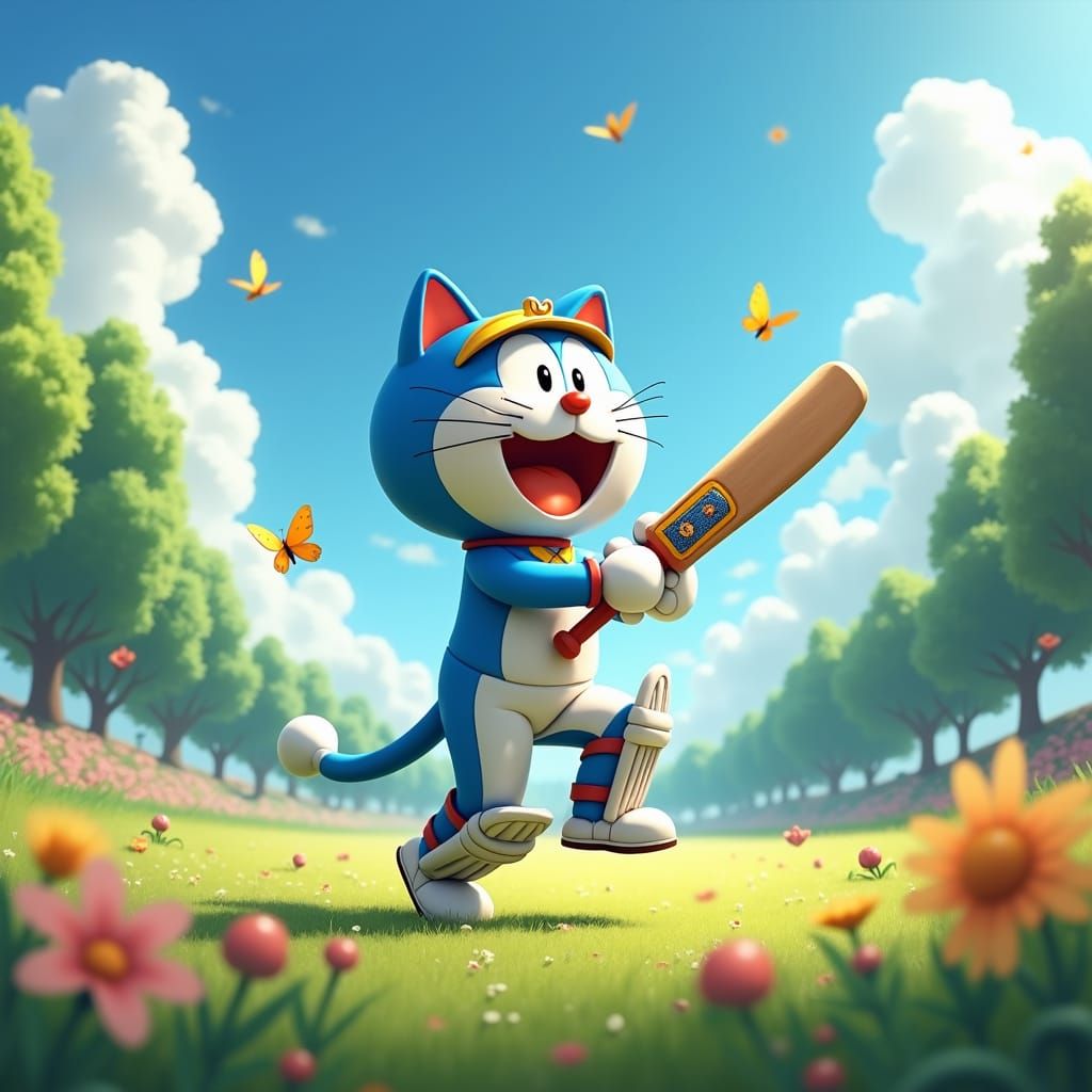 Robotic Cat Plays Cricket in Dreamy Landscape
