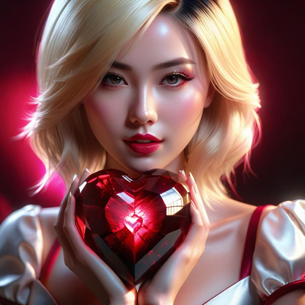Beautiful Female Holding a Multi Faceted Ruby Red Heart