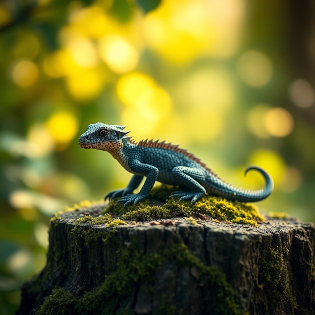 Baby Dragon on Mossy Stump in Golden Light