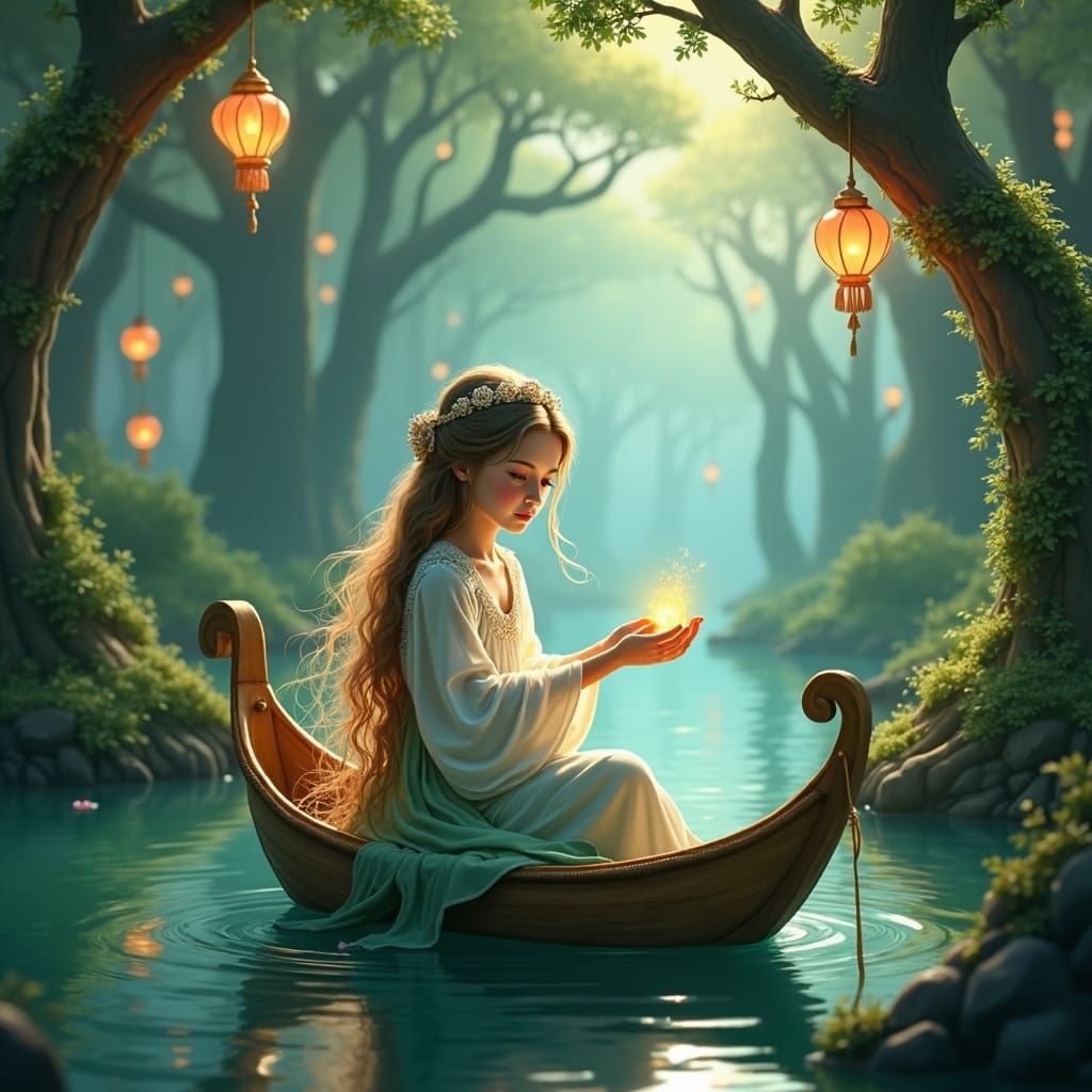 Girl in Boat with Lantern: Dreamlike Fantasy Scene