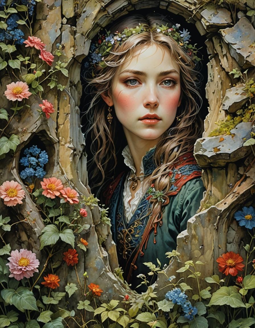 Blooming Garden Through Stone Wall, Detailed Fantasy Art
