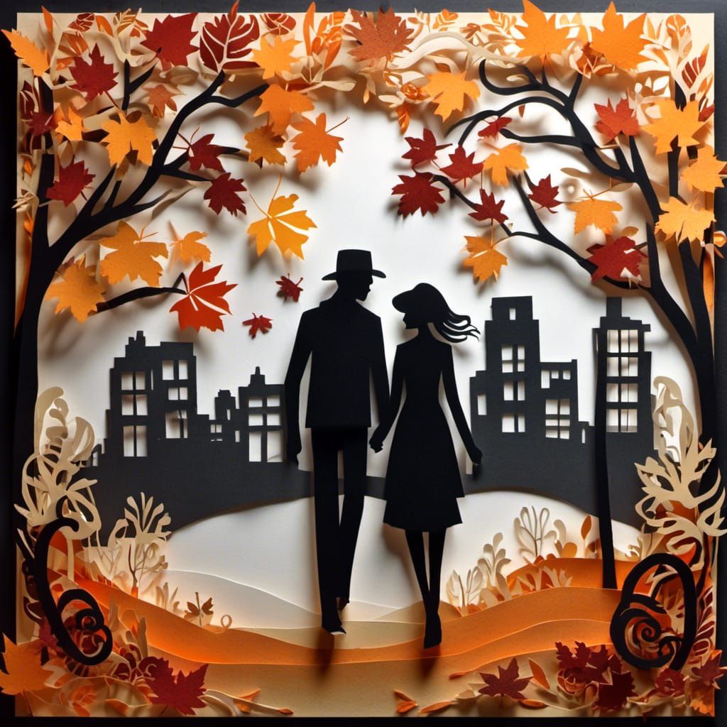 Papercraft Cityscape: Lovers in Autumn Foliage