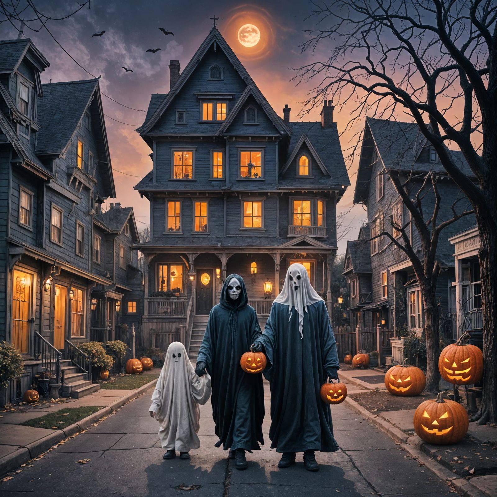 Halloween Ghosts in a Fantastical Neighborhood