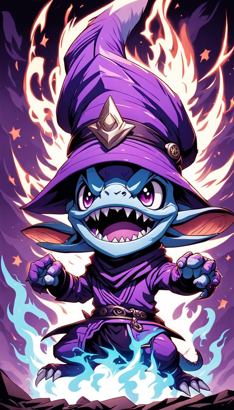 Chibi Lizard Witch with Magical Smoke, Cartoon Style