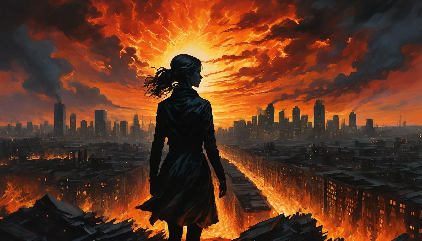 Gritty Sunset Silhouette: Heroic Figure Amidst Burning City