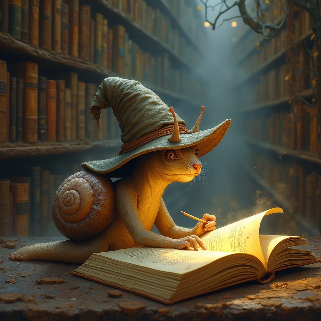 Snail Wizard Studying in Mystical Library