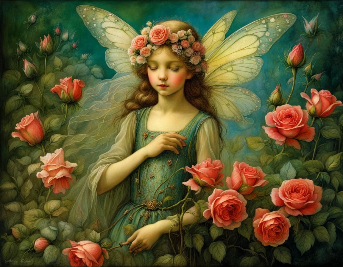 Detailed Flower Fairy with Roses Illustration