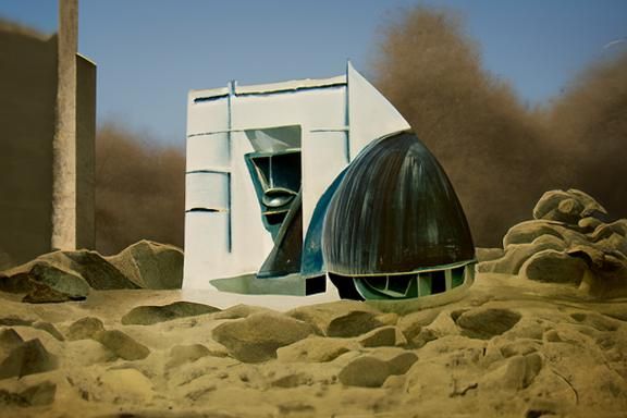 Lunar Brutalist Space Station in Shin Hanga Style