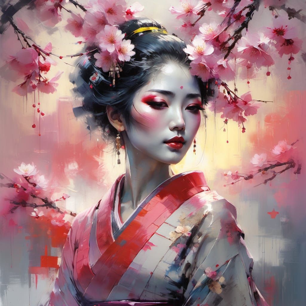 Geisha in Cherry Blossoms: Detailed Oil Painting