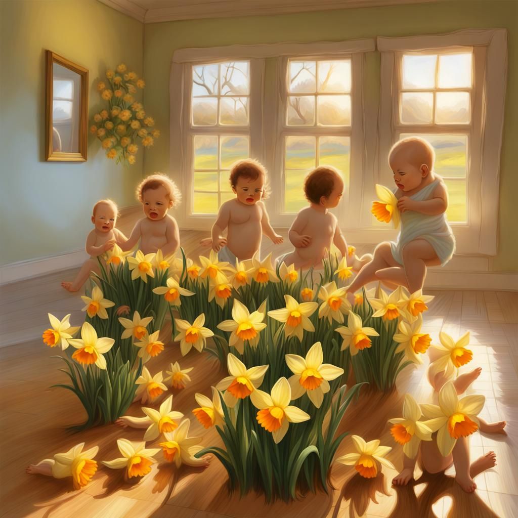 Daffodils Field with Children in Tonalist Style