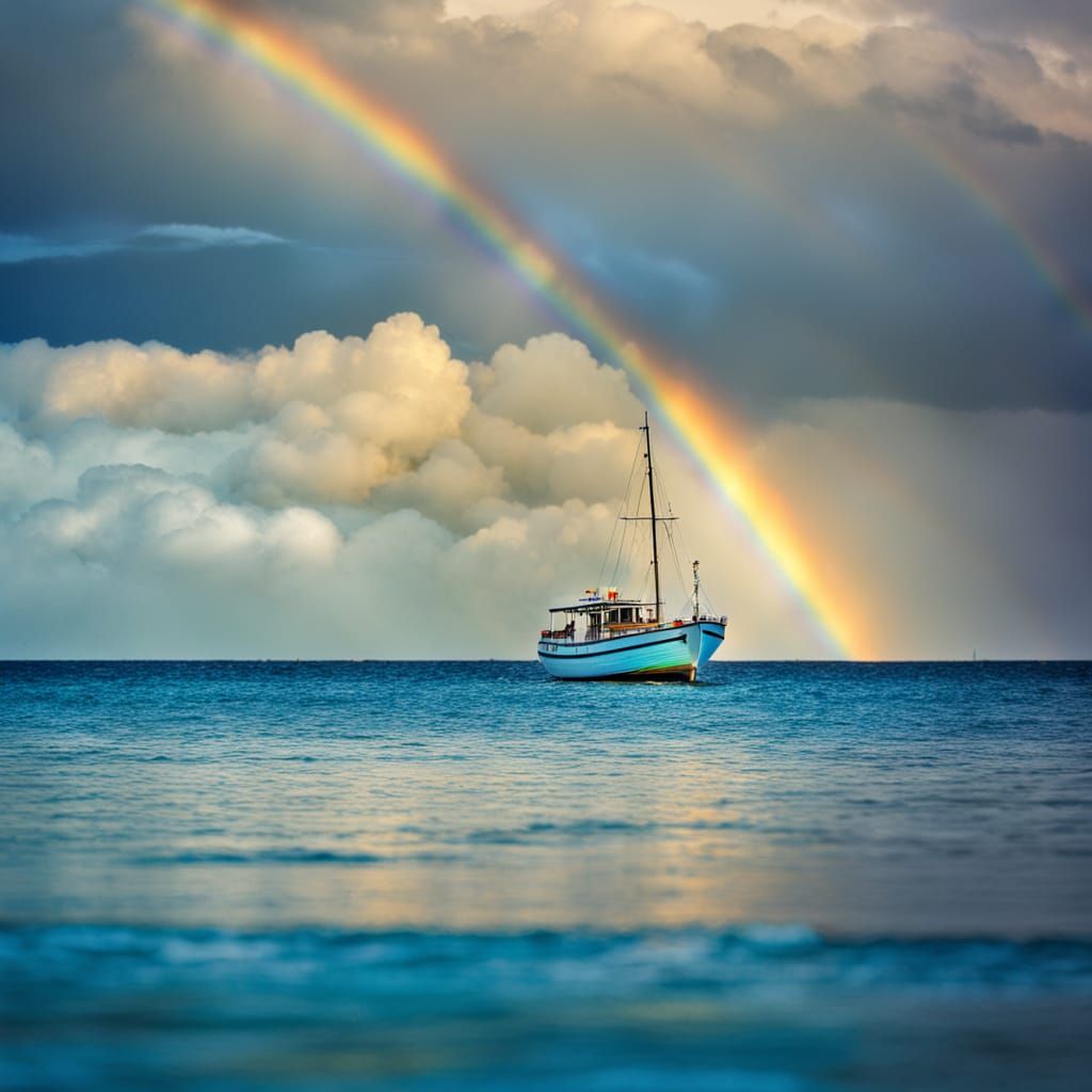 Boat Sails on Blue Ocean Under Rainbow