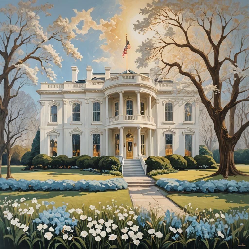 White House Oil Painting with Gold Foil