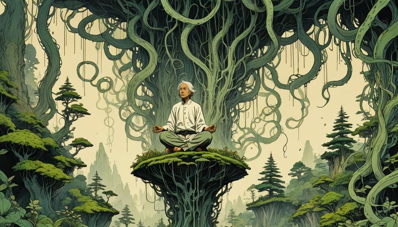 Meditating Man Levitates Above Tentacle Forest in Ink