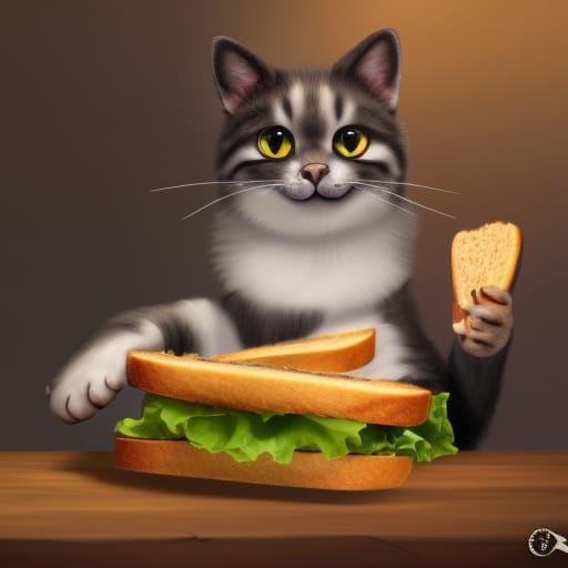 Cat Eating Sandwich in Detailed Fantasy Art