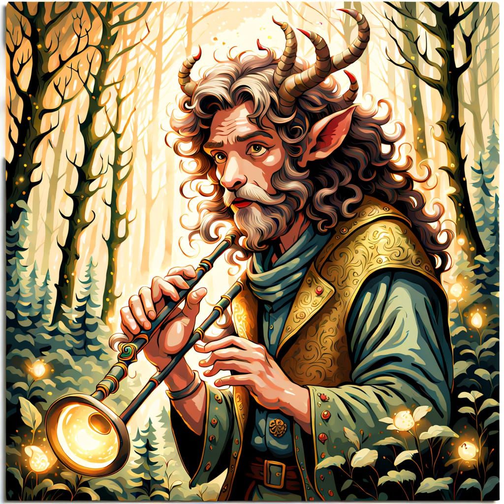 Whimsical Faun Plays Flute in Lush Forest