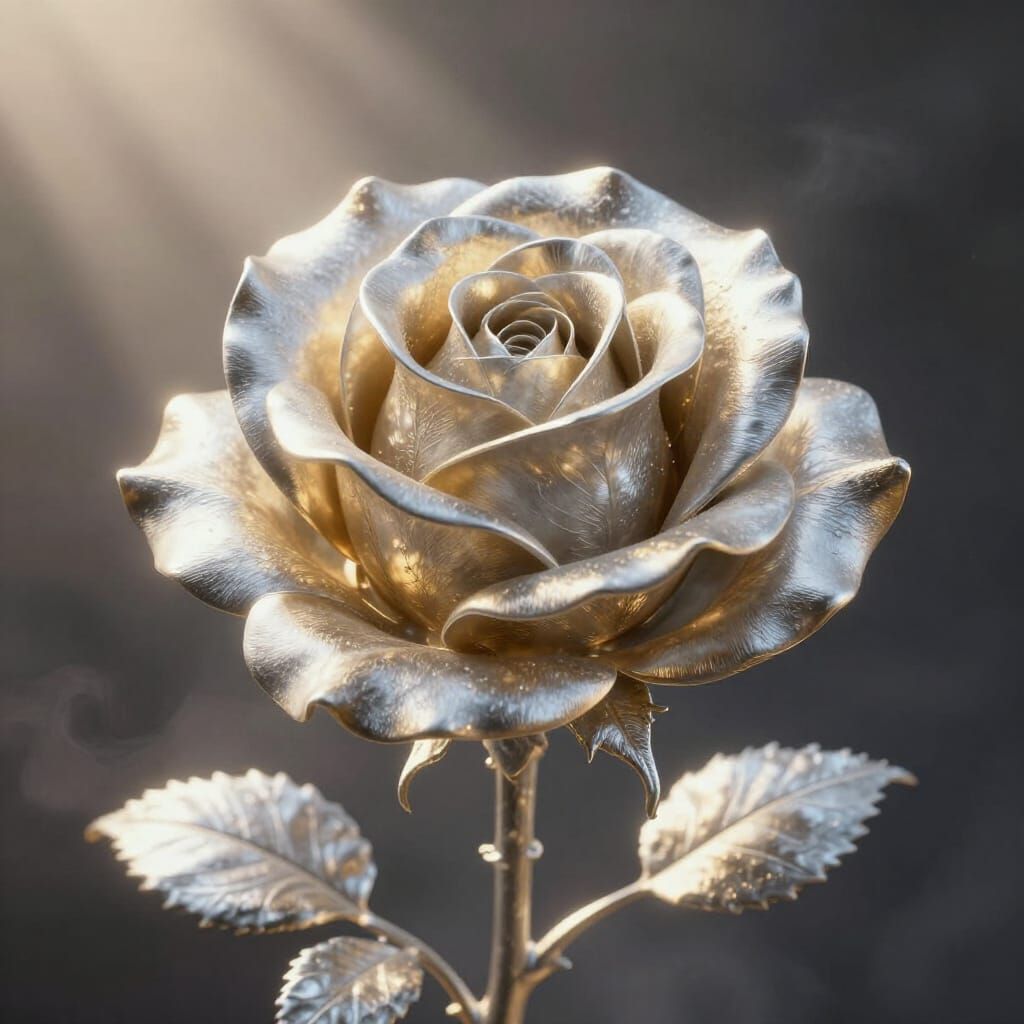 Ethereal Rose Sculpted from Silver-Gold Mist