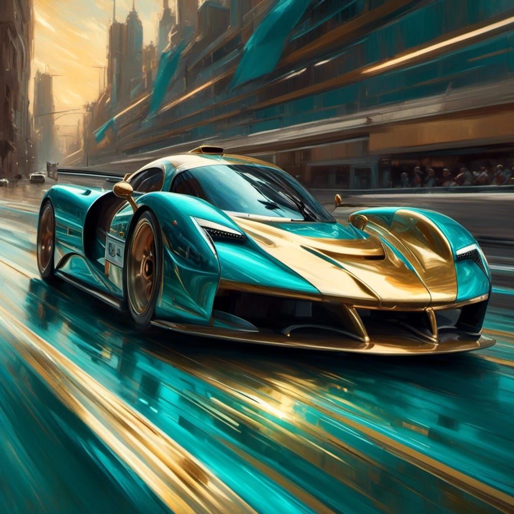 Turquoise Race Car Speeding with Gleaming Turbochargers