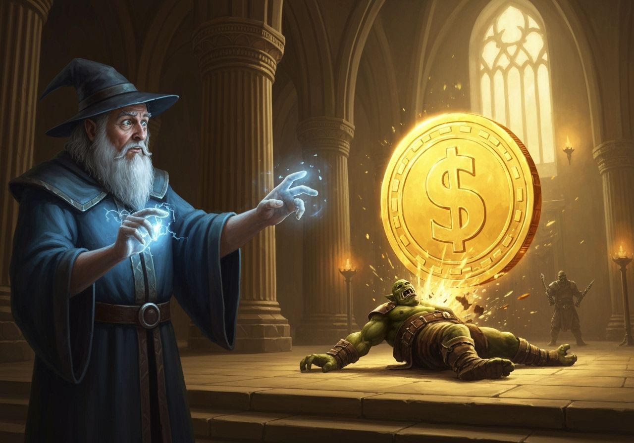 Wizard Accidentally Blasts Orc With Giant Gold Coin