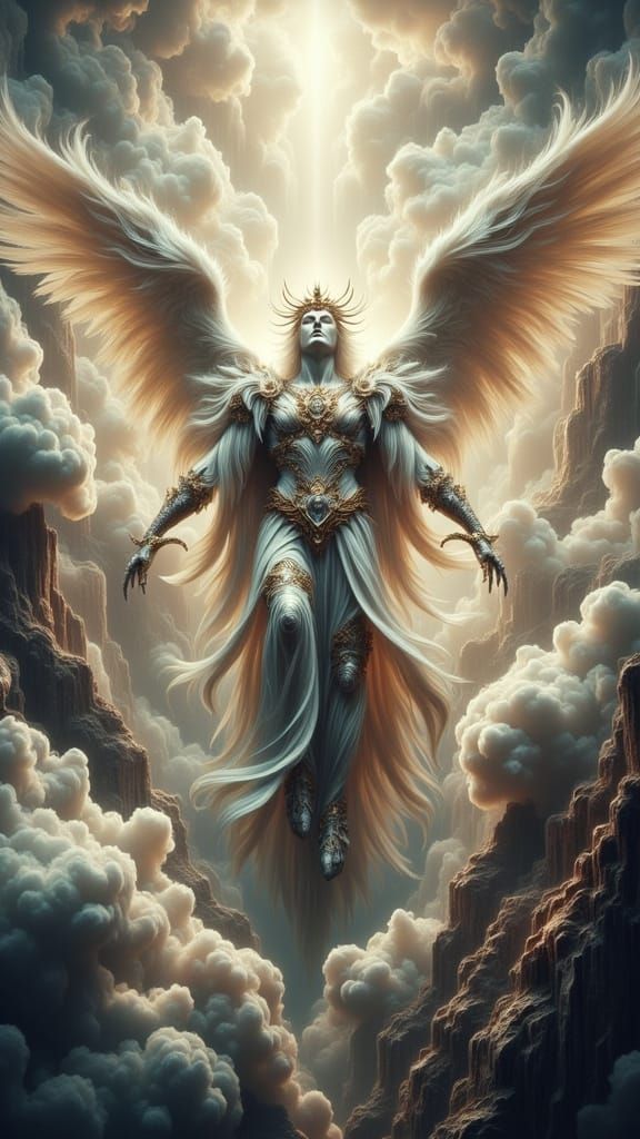 Ethereal Archangel in a White Surreal Fractalscape with Baro...