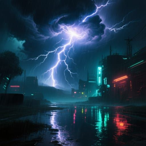 Dramatic Night Thunderstorm with Cyberpunk Reflections
