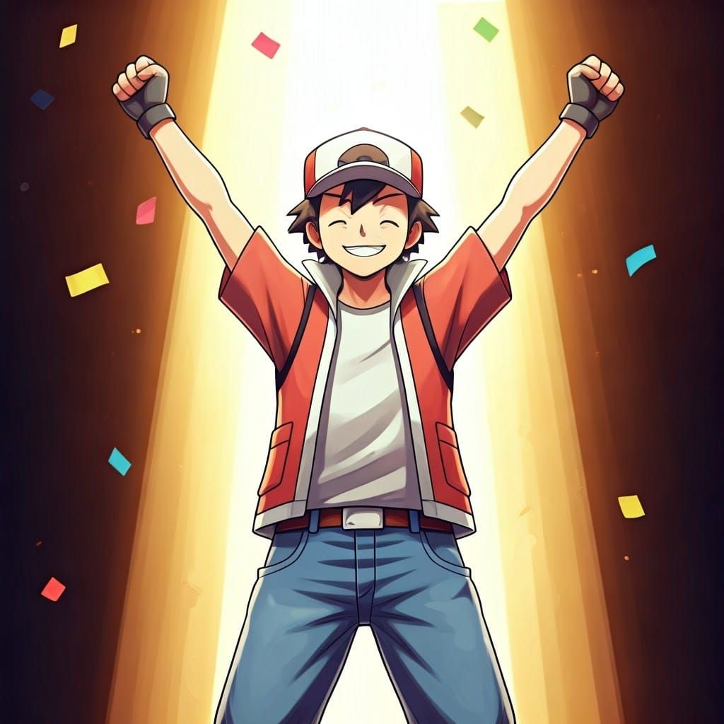 Victorious Pokémon Trainer Red Celebrates a Win