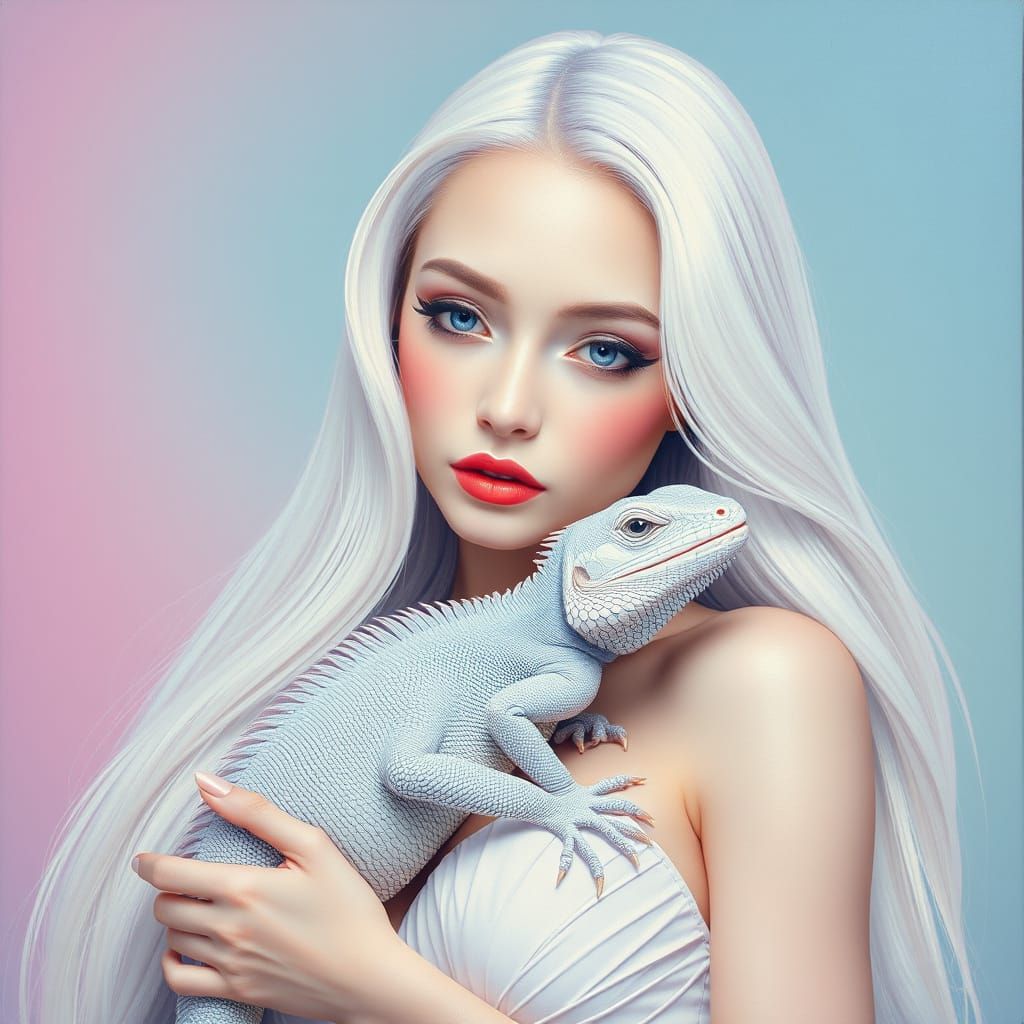 Albino Lady with Lizard in Pastel Colors