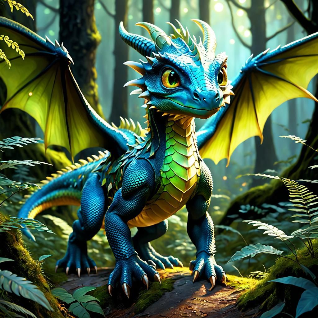 Adorable Dragon-Gecko in Magical Forest: Digital Matte Paint...