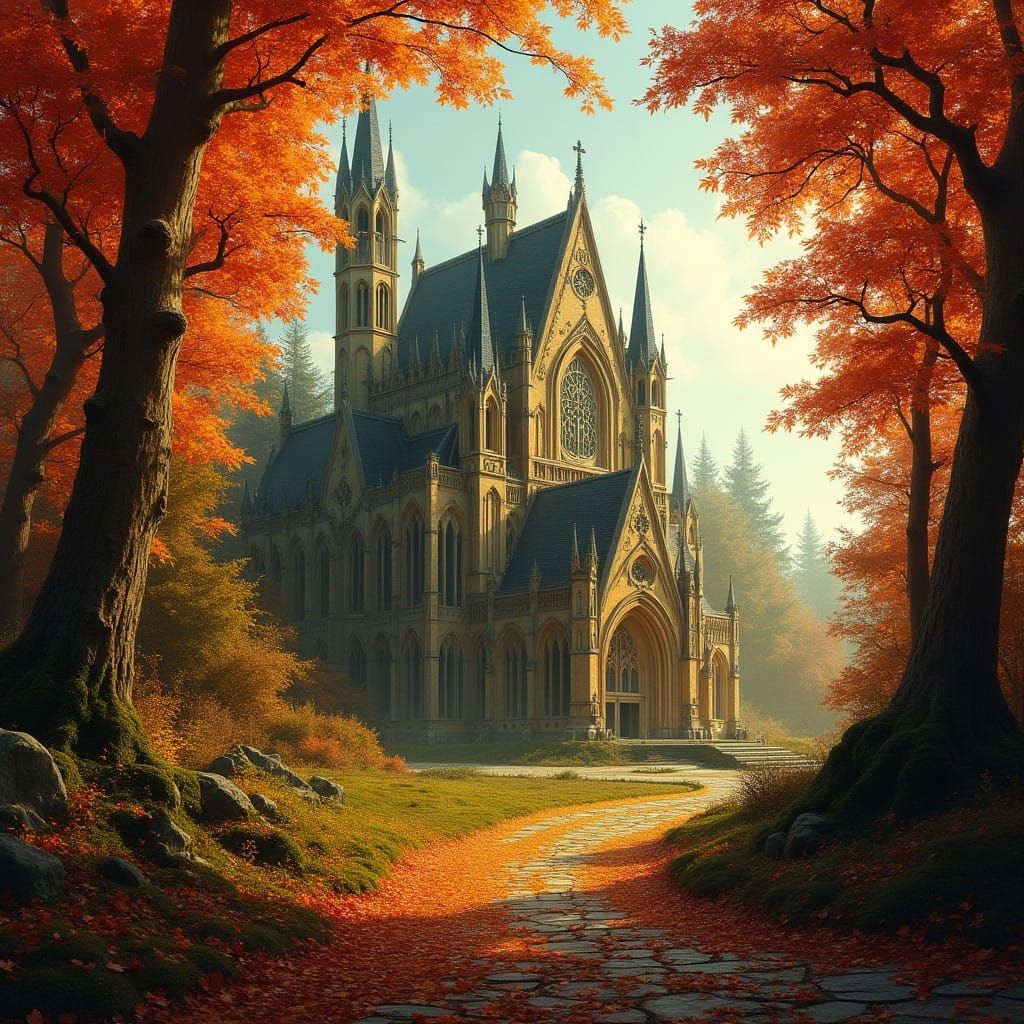 Gothic Autumn Cathedral in Vibrant Colors