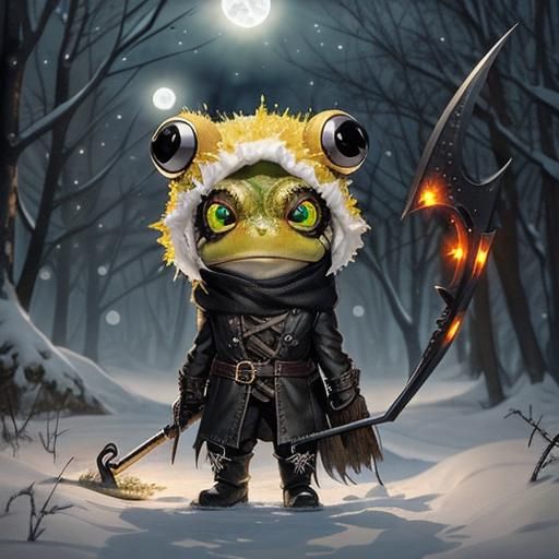 Undead Chibi Frog in Winter, Watercolor Style