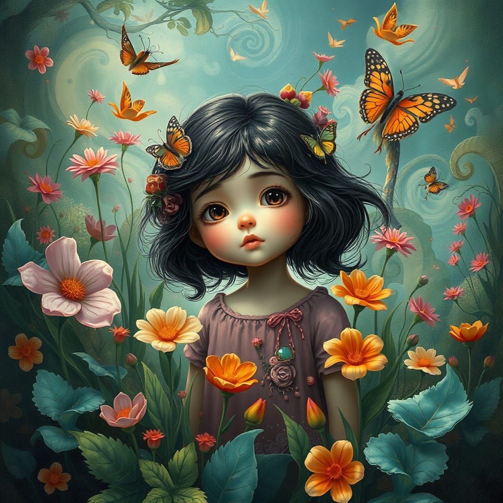 Whimsical Girl in Lush Mythical Realm