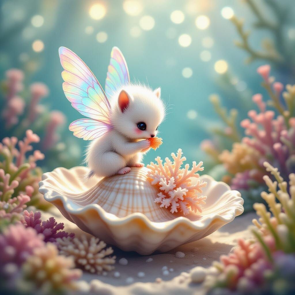 Tiny Fluffy Creature on Seashell in Painterly Style