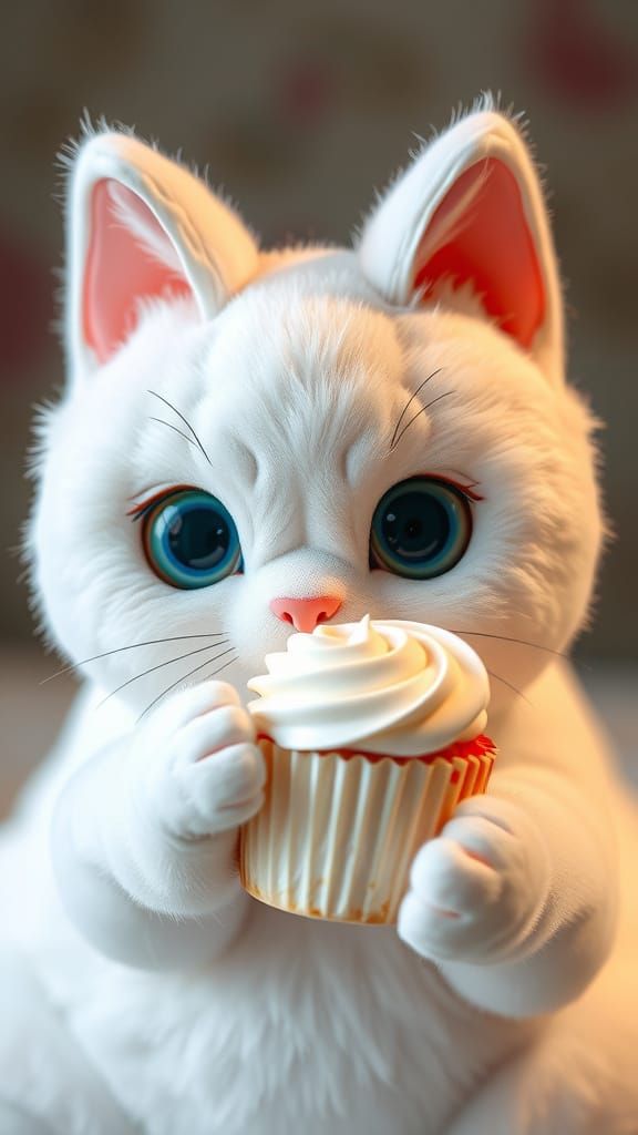 Adorable Marshmallow Cat Offers Frosted Cupcake
