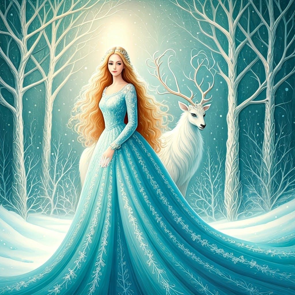 Enchanted Winter Wonderland Scene with Mythical Beast and Pr...