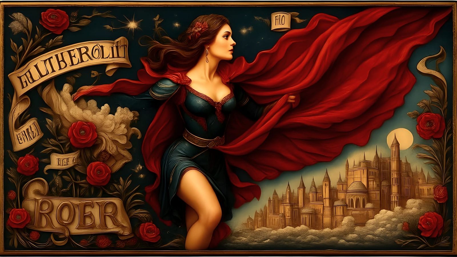 Soaring Superheroine in Ancient Tapestry Style