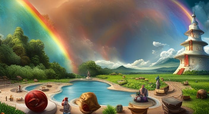 Surreal Rainbow Scene with Unicorns and Farmers