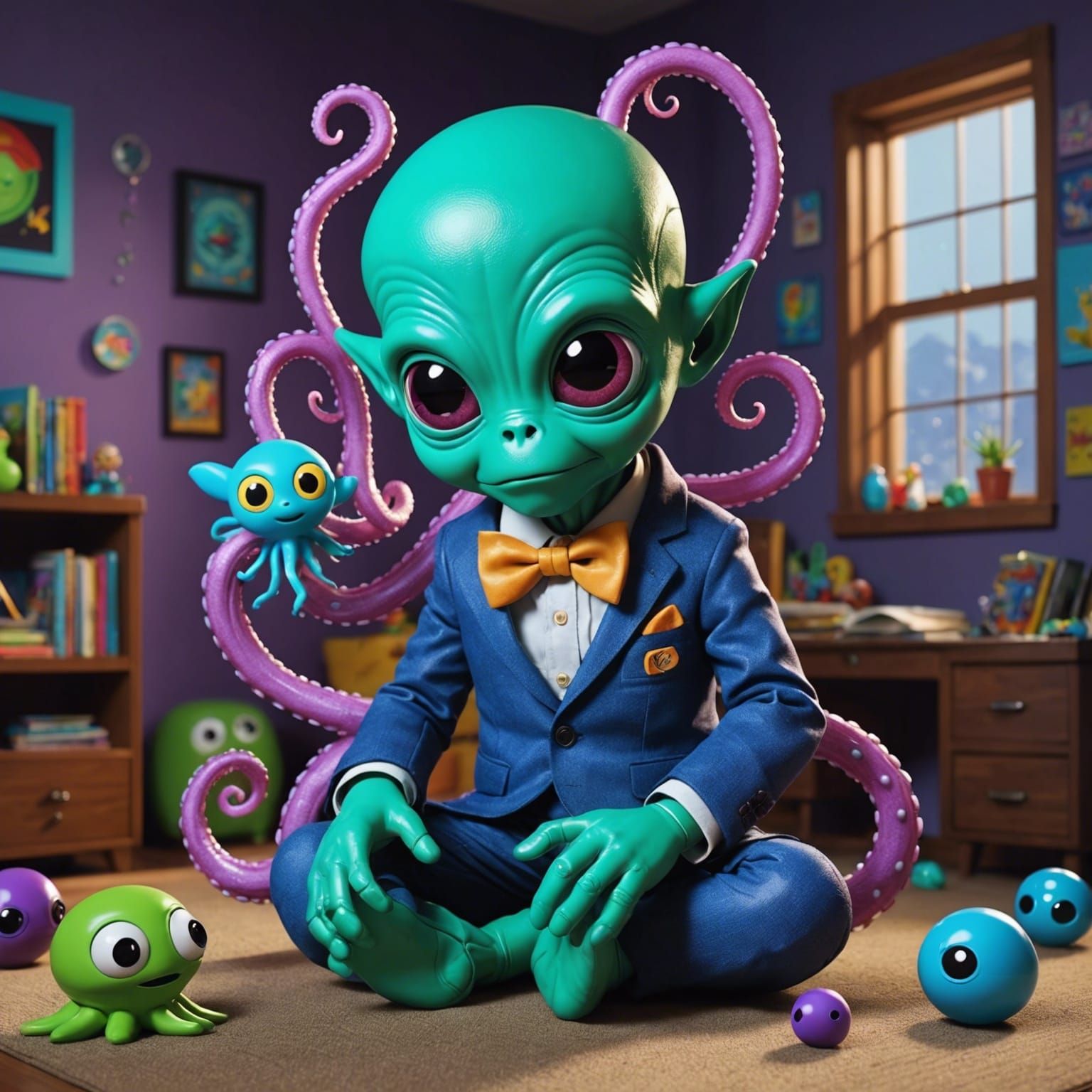 Cartoon Alien Dad Learning Fatherhood on Distant Planet