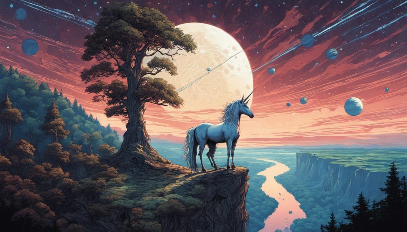 Unicorn Overlooking Cosmic Fantasy Landscape