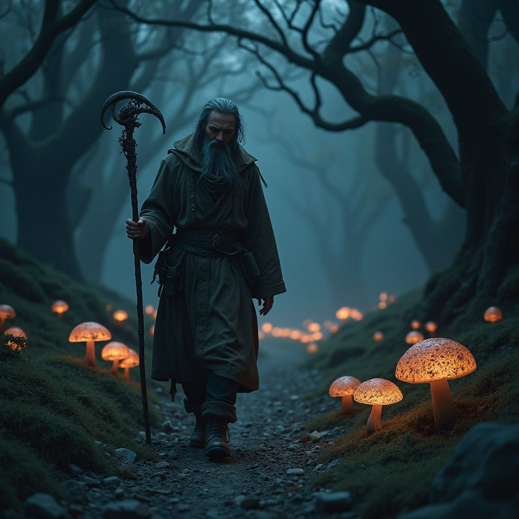 Ethereal Glow: Lone Figure in Dark Forest