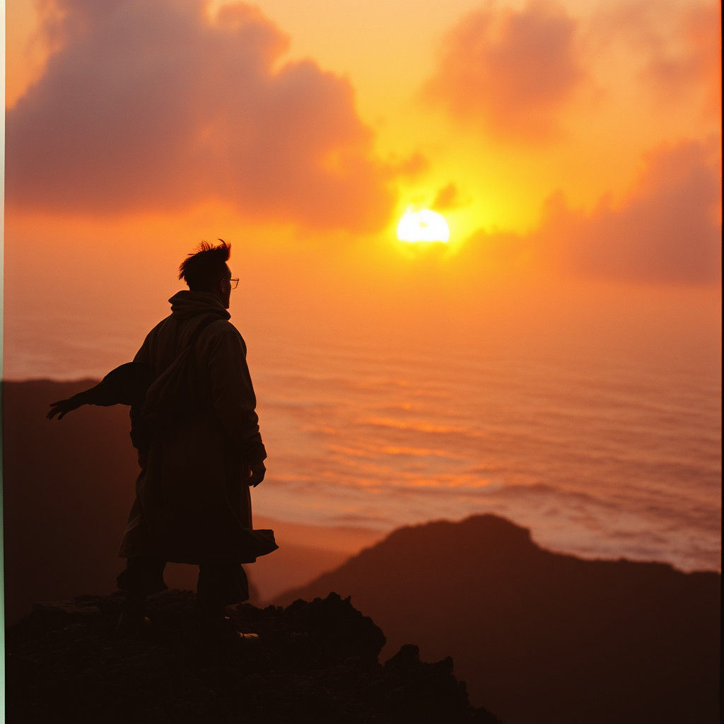 Lone Figure Gazing at Stormy Sunset, Film Aesthetic