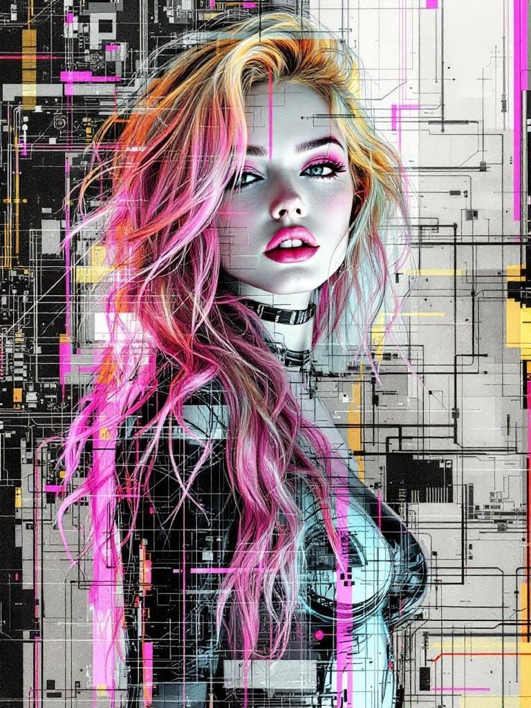 Pin-Up Woman in Glitch Art Renaissance Style